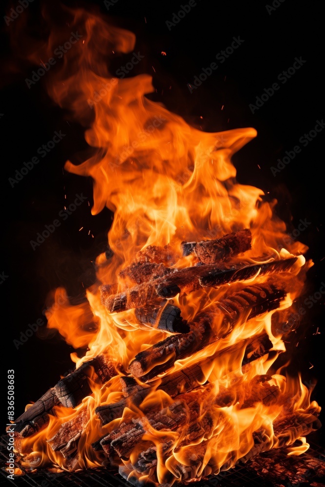 Vivid close-up of burning firewood with intense orange flames against a black background, showcasing natural warmth and light. Vivid close-up of burning firewood with intense orange flames against a black background, showcasing natural warmth and light.