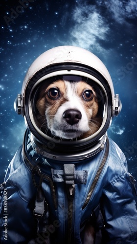 3d rendering of a Adorable dog dressed as an astronaut in outer space, wearing a space helmet and suit, with stars and the galaxy in the background. photo