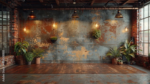 Stone and brick walls in rustic industrial interiors with vintage lighting.