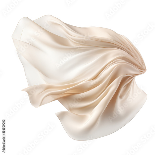 Elegant white silk fabric flowing in the air against a white background, representing luxury and softness.