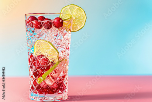 Refreshing Sparkling Cranberry Spritzer with Fresh Lime Juice, Copy Space