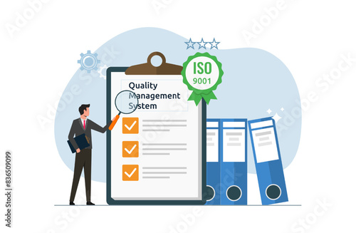 Quality management system for ISO standard, paper document with checklist, international standards for trusted goods and services