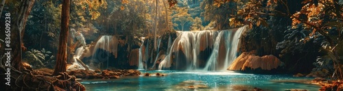 panoramic view of a beautiful waterfall in a tropical rain forest at Erawan national park  with the