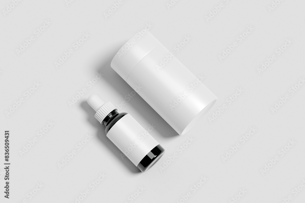 Blank Dropper Bottle with Cylindrical Box & Table Mockup Blank Dropper Bottle with Cylindrical Box & Table Mockup