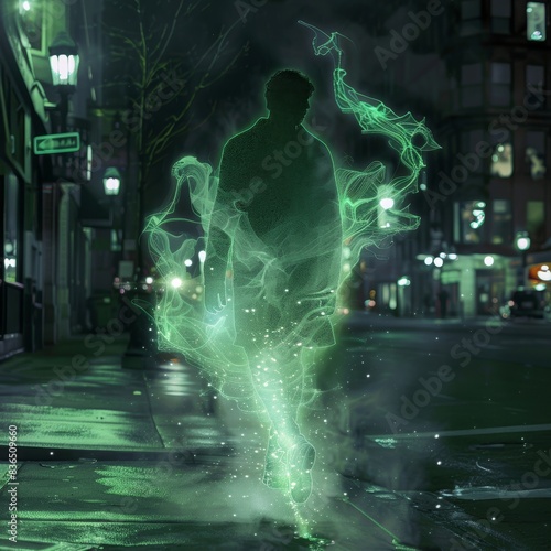 A man is walking down the street glows with a green glow © ProArt Studios