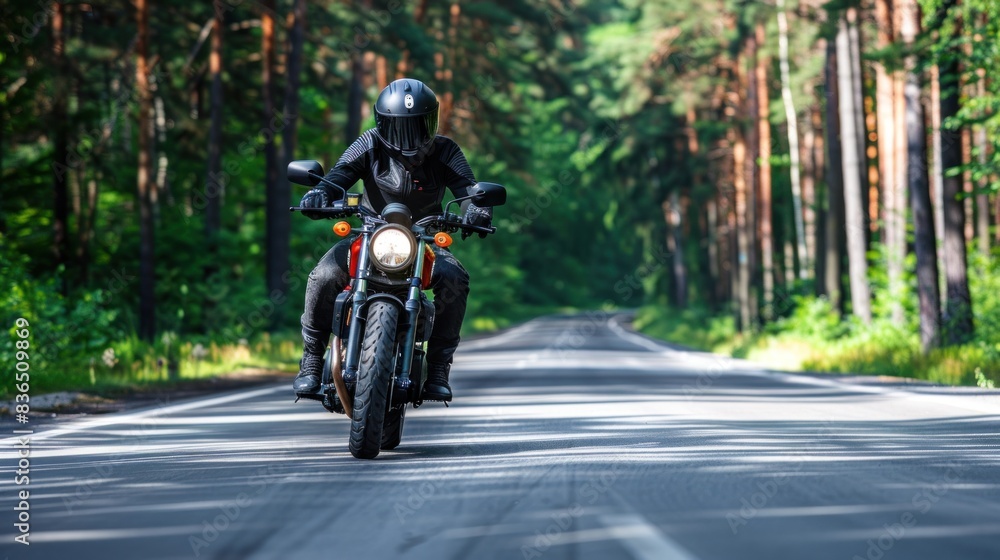 A man is riding a motorcycle down a road in a forest A man is riding a motorcycle down a road in a forest