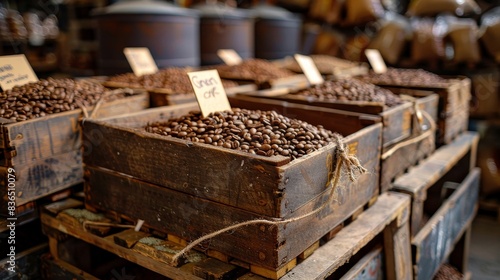 Close-up of packed crates with labels and shipping tags, overflowing with freshly roasted coffee beans, industrial background