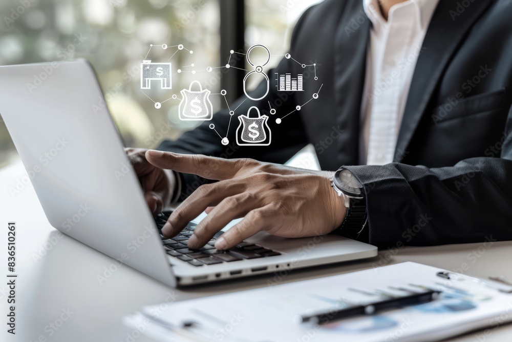 Merchants use laptop and online shopping ICONS for shopping bags with money bags, online shopping concepts,
Merchants use laptop and online shopping ICONS for shopping bags with money bags, online shopping concepts,
