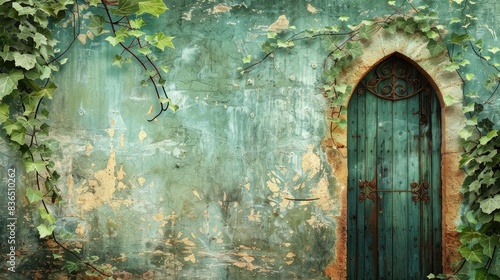 old wall with green plants and gothic door, vintage background © Ammar