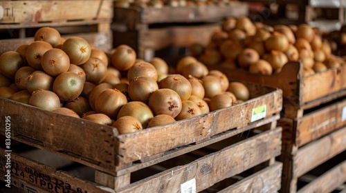 Close-up of open crates revealing perfectly arranged kiwis, with a shipping label attached, in a rustic setting