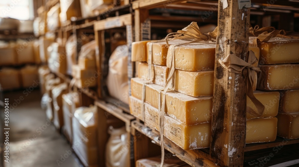 Close-up of crates packed with wheels of cheese, wrapped and ready for delivery, inside an artisanal cheese factory Close-up of crates packed with wheels of cheese, wrapped and ready for delivery, inside an artisanal cheese factory