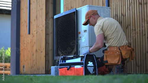 Technician Inspecting Outdoor Heat Pump Unit