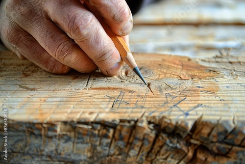 hand marking wood with a pencil
