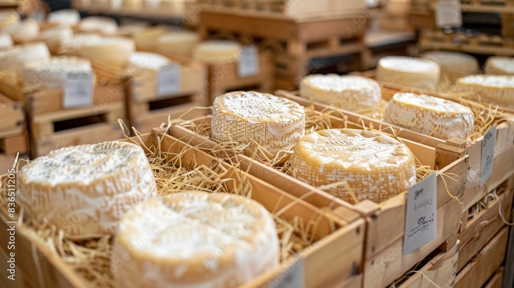 Close-up of Camembert wheels snugly packed in wooden crates, labels visible, surrounded by packing straw, in a bustling dairy shipping area Close-up of Camembert wheels snugly packed in wooden crates, labels visible, surrounded by packing straw, in a bustling dairy shipping area