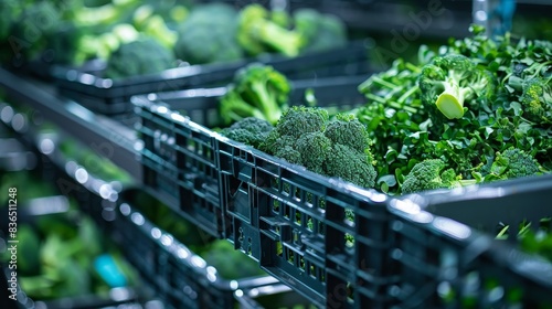 Close-up of broccoli crates in a cold storage facility, highlighting freshness and quality © Paul