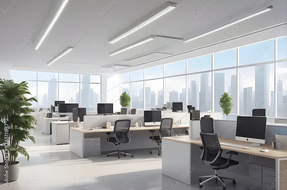 Modern open-plan office and large windows offering natural light Modern open-plan office and large windows offering natural light