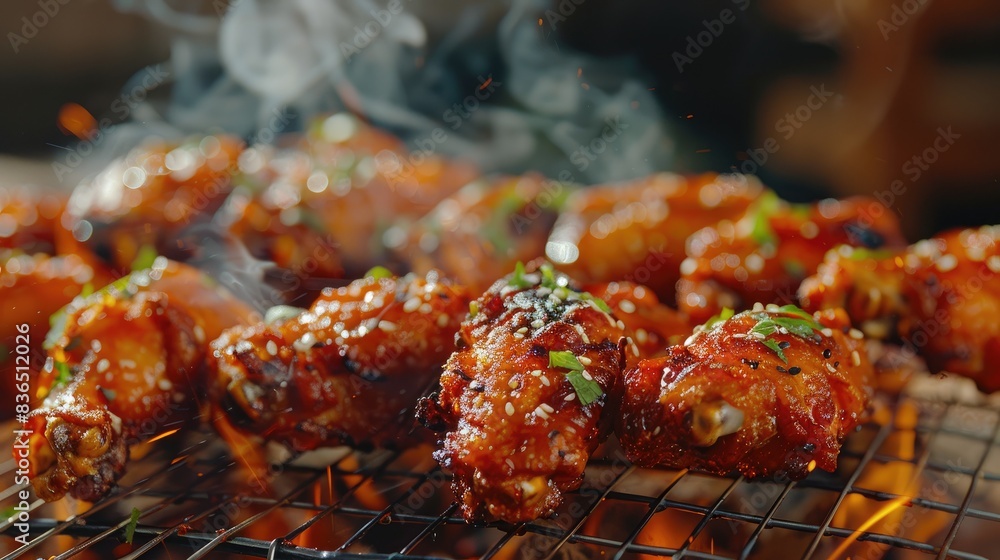 A close-up shot of a pile of hot, crispy fried chicken wings on a wire rack, with smoke and herbs sprinkled around A close-up shot of a pile of hot, crispy fried chicken wings on a wire rack, with smoke and herbs sprinkled around