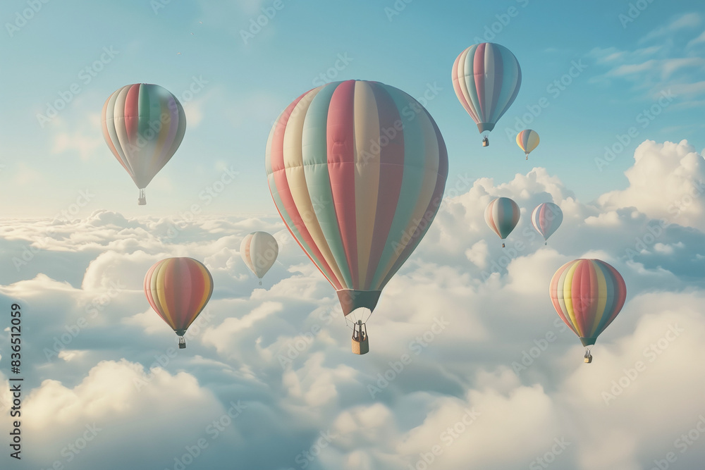 Naklejka premium A hot air balloon in the sky is a majestic sight, gracefully drifting amidst the clouds, painting the sky with vibrant colors and offering a serene journey above the earth.