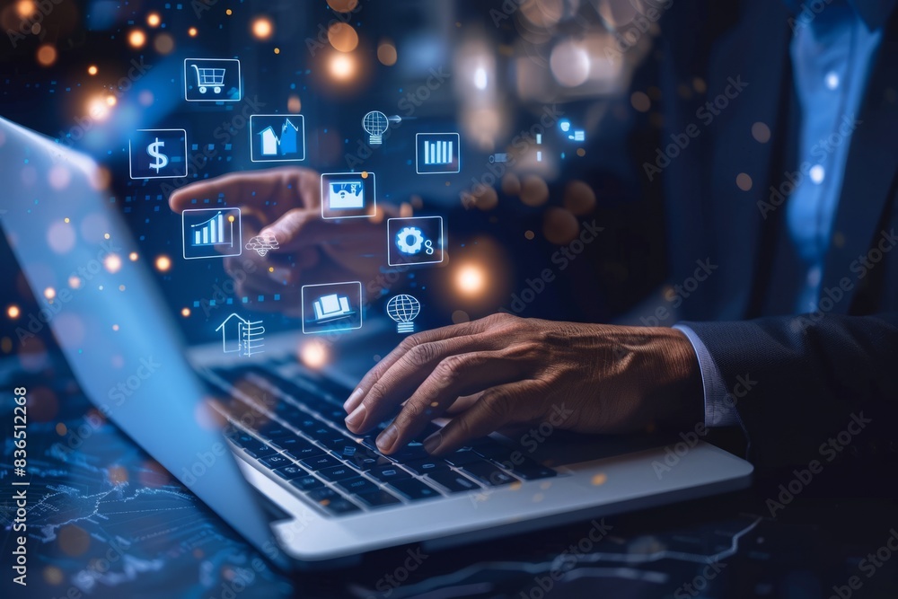 Businessmen use laptops and hand-held ICONS for bags with money, calculators on virtual screens for financial management concepts, Businessmen use laptops and hand-held ICONS for bags with money, calculators on virtual screens for financial management concepts,