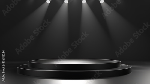 Modern podium background with sleek, minimalist design. Monochrome color scheme with soft spotlights illuminating the podium