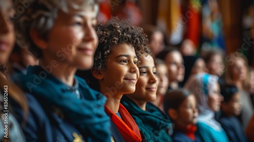 Diverse Group Taking Citizenship Oath in Ceremony Room: Black Young Man, Older White Woman, Middle Eastern Family—Expressions of Joy and Relief photo