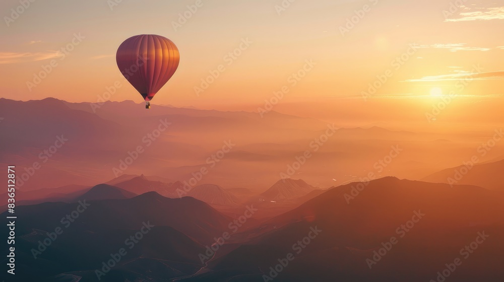 Obraz premium A lone hot air balloon floating high above the mountains during sunset, representing the spirit of freedom