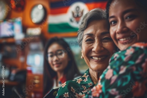 Senior Asian Woman and Young Latina Woman Celebrate New Citizenship Outside Office, Displaying Joy and Pride with Passports photo