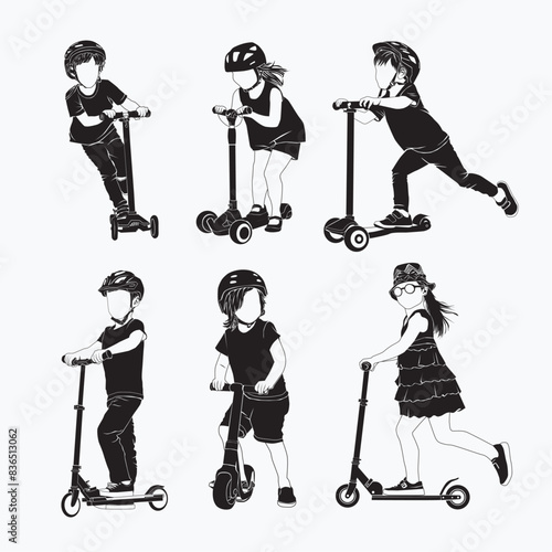 Happy child playing scooter in the park