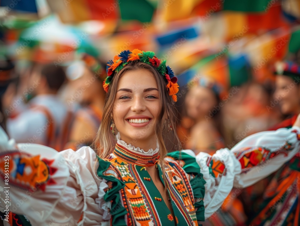 Fototapeta premium Joyful Multi-Ethnic Festival Gathering in Sunlit Plaza with Participants in Traditional Costumes Celebrating Cultural Diversity