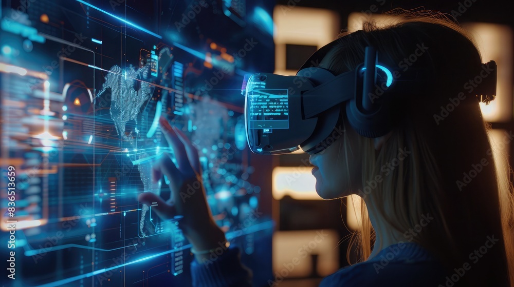 Young woman wearing VR goggles interacting with a holographic cybersecurity training module Young woman wearing VR goggles interacting with a holographic cybersecurity training module