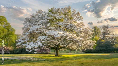 Magnificent white Magnolia tree blooms in the park during spring season