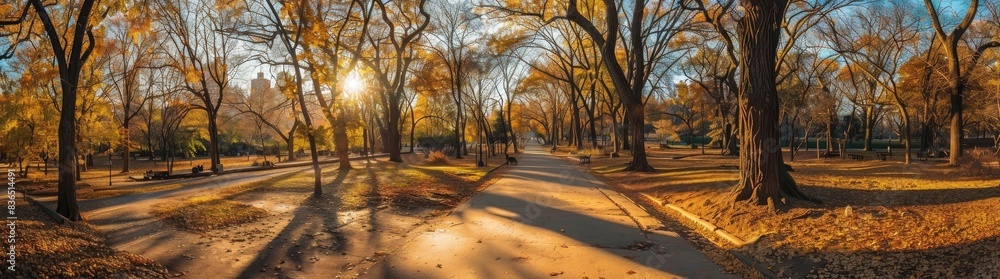 panoramic view of the nightingale collin in central park, new york city in autumn with yellow leaves on trees and an empty path in golden hour