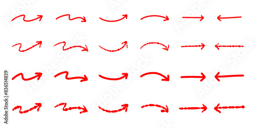 hand drawn painted red arrow, set of arrows. vector illustration on transparent background 