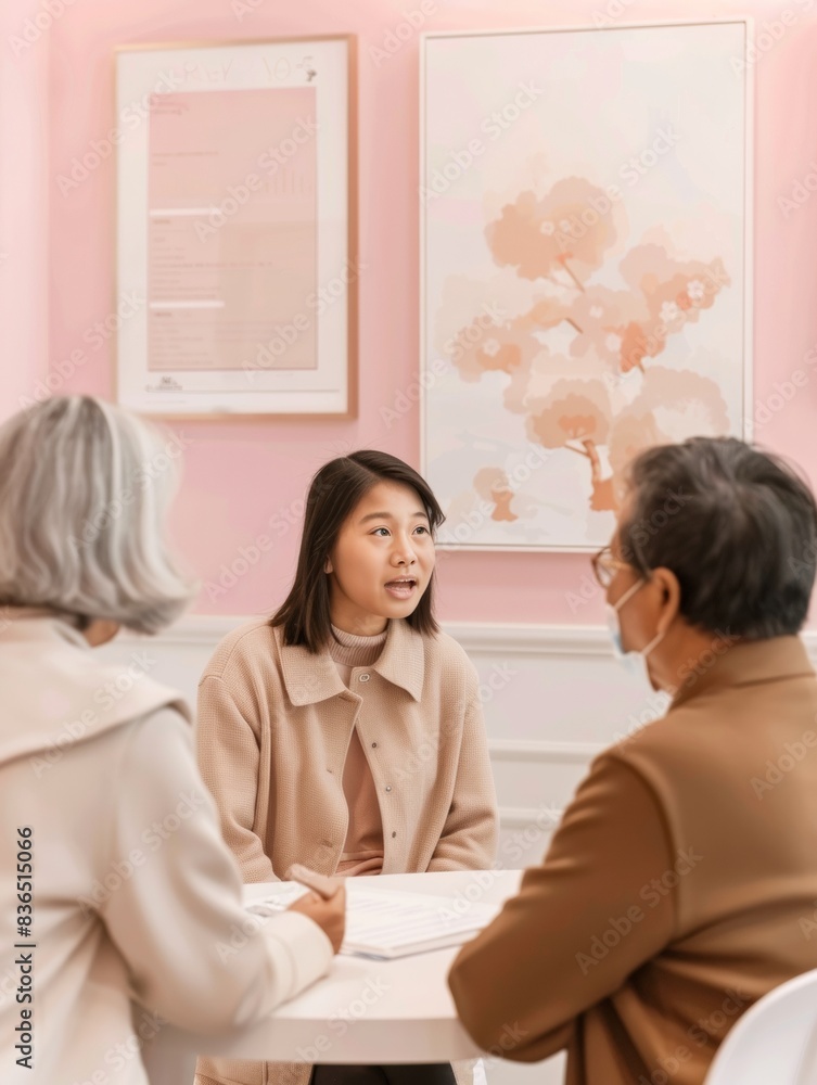 Family Financial Planning: Young Asian Woman Discusses Future with Senior Parents and Advisor in Pastel-Pink Office