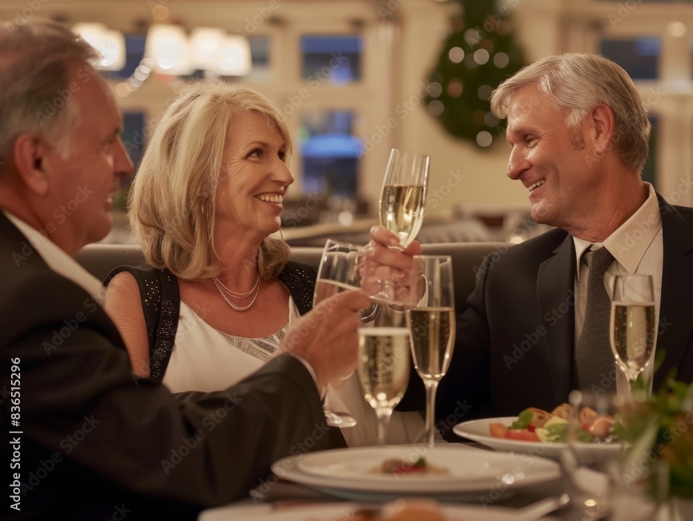 Elegant Senior Couple Toasting with Champagne in Luxurious Restaurant at Night: Celebrating with Gourmet Meal Elegant Senior Couple Toasting with Champagne in Luxurious Restaurant at Night: Celebrating with Gourmet Meal