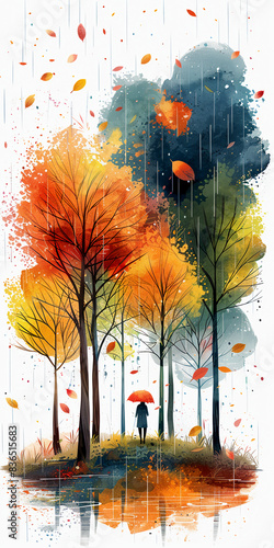 illustration of trees and rain clouds in a forest landscape with a flat design and white background