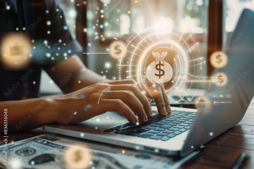 The businessman's hand uses a laptop, pointing to a virtual screen of money bag ICONS, charts or financial development charts, budgets and financial planning concepts. The businessman's hand uses a laptop, pointing to a virtual screen of money bag ICONS, charts or financial development charts, budgets and financial planning concepts.