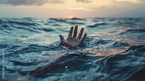 A desperate hand reaches out from the sea, a silent cry for help amidst the vastness of the high seas, captured in a close-up under the foreboding light.