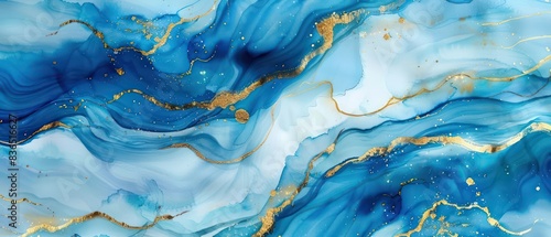 abstract wallpaper with wavy watercolor effects in blue and liquid gold, nice texture and very artistic 