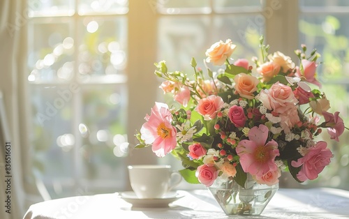 Sunny Morning Breakfast Table with Fresh Flower Bouquet by Window  Symbolizing Beauty and Renewal