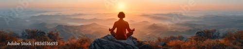 Serene Sunrise Meditation: Person Practicing Mindfulness at Hilltop, Symbolizing Peace and New Beginnings © Ryzhkov