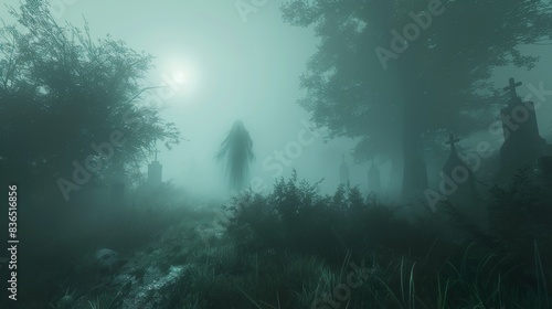 A ghostly apparition emerging from a foggy graveyard  with an ethereal glow.