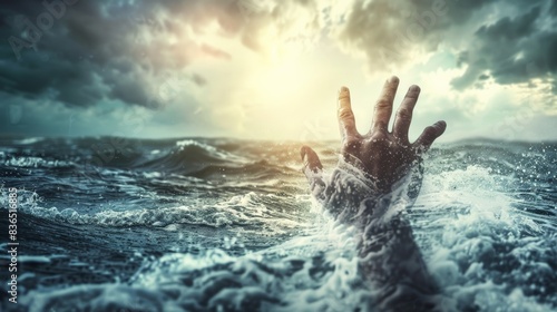 A desperate hand reaches out from the sea, a silent cry for help amidst the vastness of the high seas, captured in a close-up under the foreboding light.