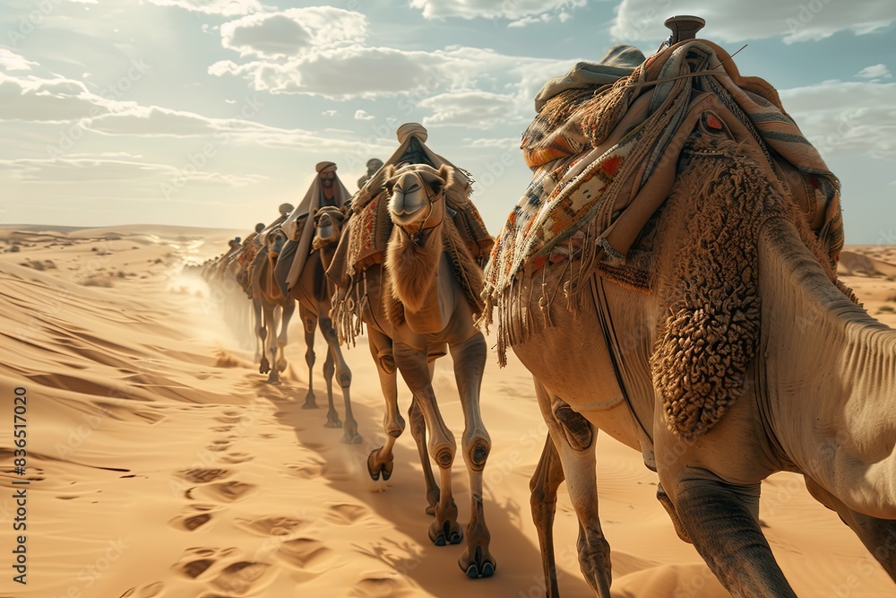 Fototapeta premium A line of camels, led by Bedouins in traditional clothing, crosses a vast expanse of sand dunes in the Sahara Desert