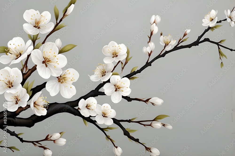 A branch of white plum blossoms with light gray background A branch of white plum blossoms with light gray background