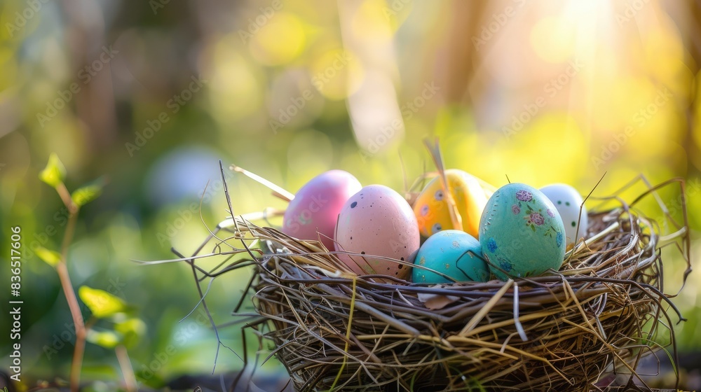 Easter eggs placed in straw nest outdoors symbolizing Holy Easter Easter eggs placed in straw nest outdoors symbolizing Holy Easter