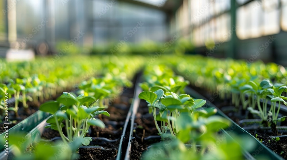A greenhouse filled with rows of plants each one connected to a realtime monitoring system for optimized growth and health. A greenhouse filled with rows of plants each one connected to a realtime monitoring system for optimized growth and health.