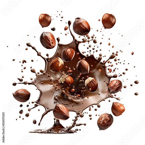 Melted chocolate swirl splash with hazelnuts closeup on a white background.