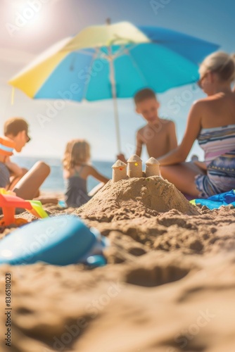 Family Enjoying a Sunny Beach Day Building Sandcastles Under Colorful Umbrellas photo
