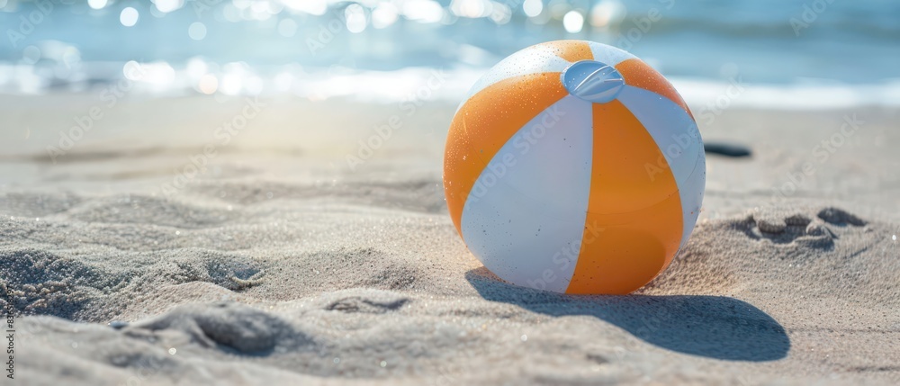 wallpaper with a inflatable beach ball on the sand, beautiful vacation background 